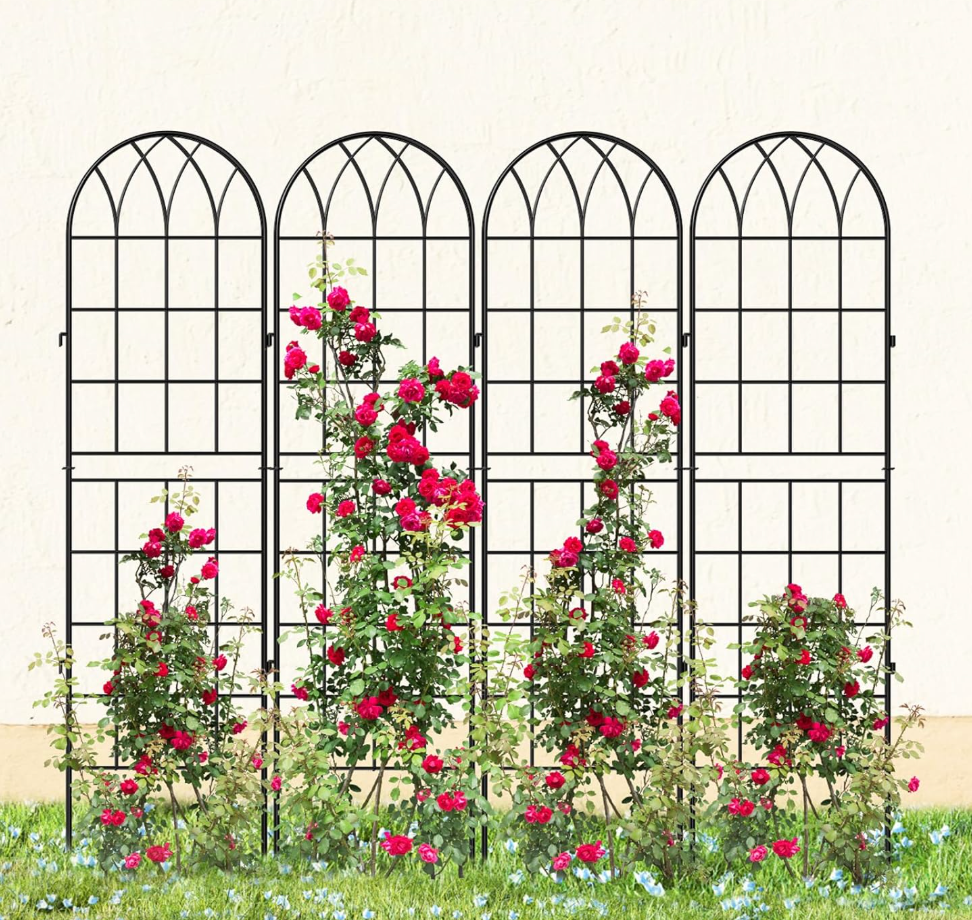 DoCred 4 Pack Garden Trellis for Climbing Plants, 59 Inch Metal Plant Trellis for Plant Support, Large Decorative Outdoor Trellis for Climbing Vegetable Flower Rose Vine Cucumber, Black