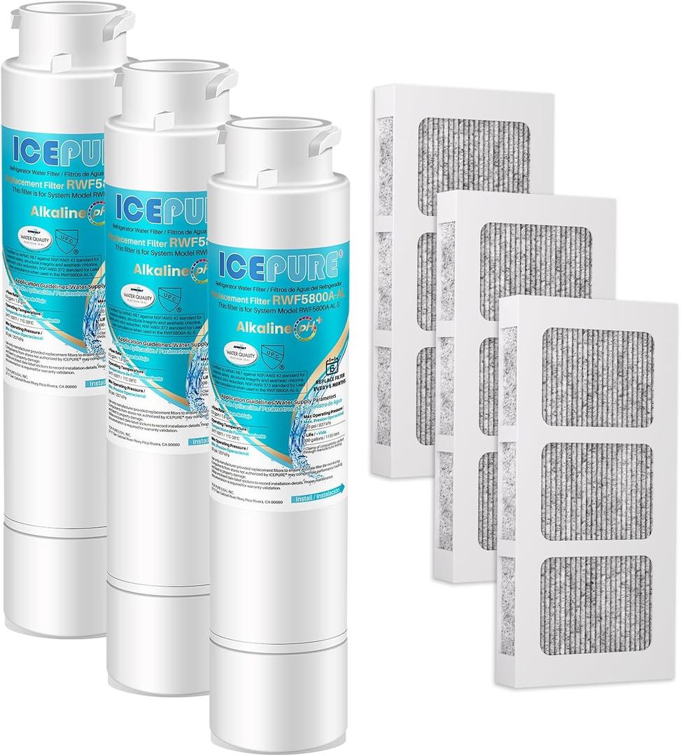 ICEPURE Alkaline RWF5800A-AL Refrigerator Water Filter and Air Filter Replacement for Frigidaire EPTWFU01, EWF02, Pure Source Ultra II, PureSource Ultra 2, BO022, MR022, SCWFTCTO, Enhances PH, 3Combo