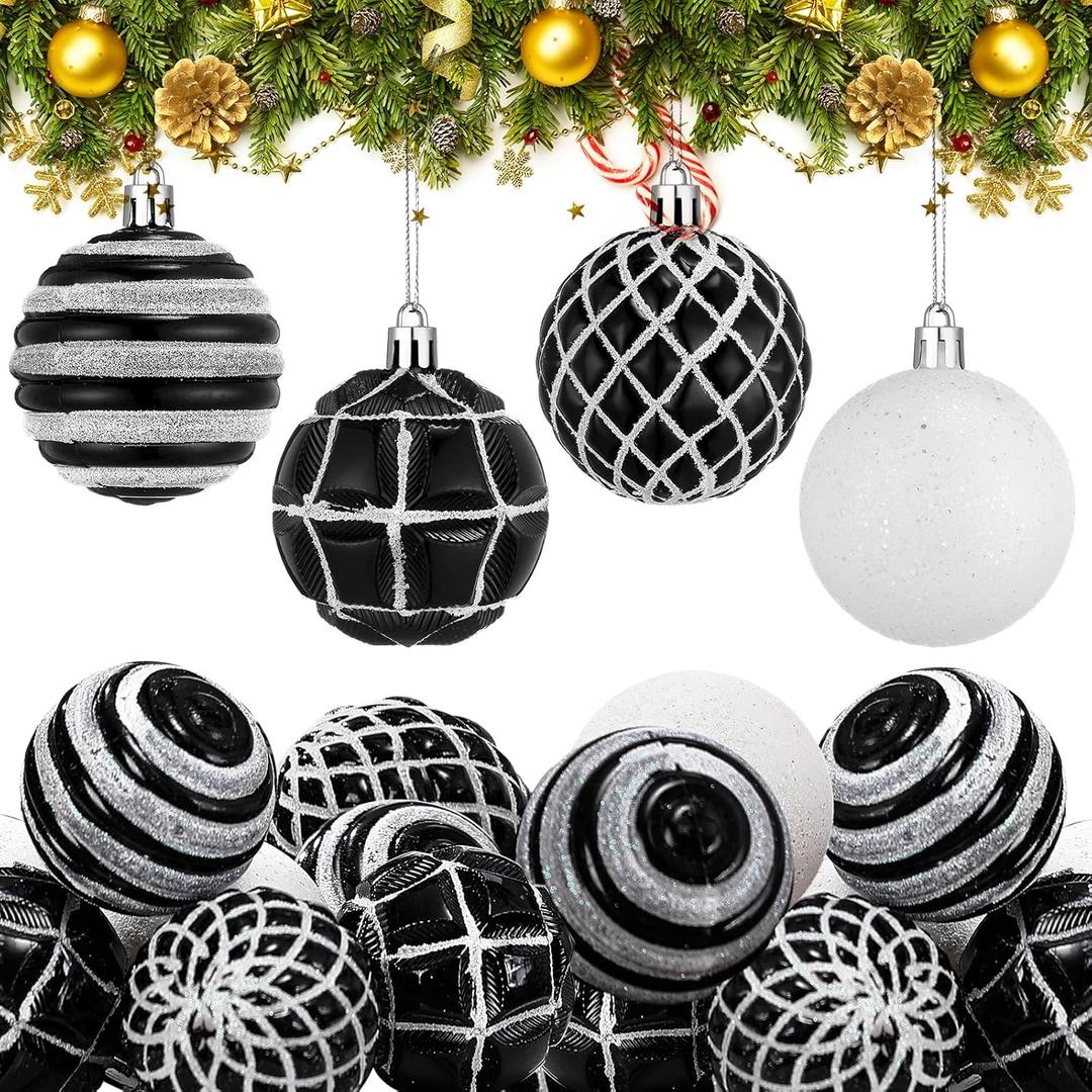 Soaoo 24 Pcs Christmas Black and White Ball Ornaments Set Christmas Tree Decoration 2.36 Inch Plastic Shatterproof Hanging Glitter Ball for Xmas Holiday Nightmare Tree Party Decoration Supplies