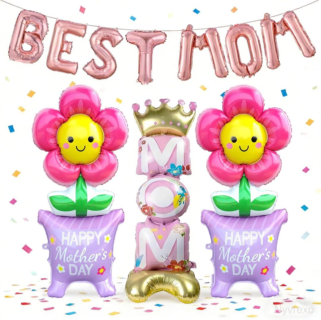 11Pcs Happy Mother's Day Balloons Set, 16Inch and 60Inch BEST MOM Large Standing Flower Foil Balloons for Mothers Day Celebrations Grandmother Birthday Party Decorations