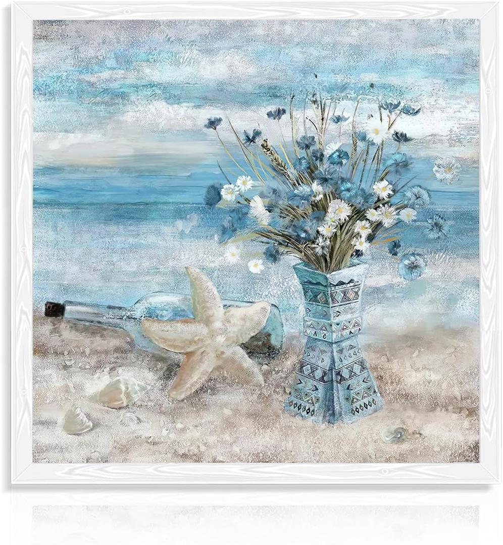 Bathroom Beach Wall Decor Blue Ocean Canvas Wall Art Modern Coastal Seascape Painting Floral in Vase Print for Bedroom 14x14 in Unframed