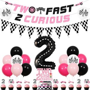 Two Fast 2 Curious Birthday Decorations Girl, Race Car 2nd Birthday Party Decorations Balloons Cake Cupcake Topper Checkered Flag Banner Number 2 Foil Balloon for Girls 2nd Birthday