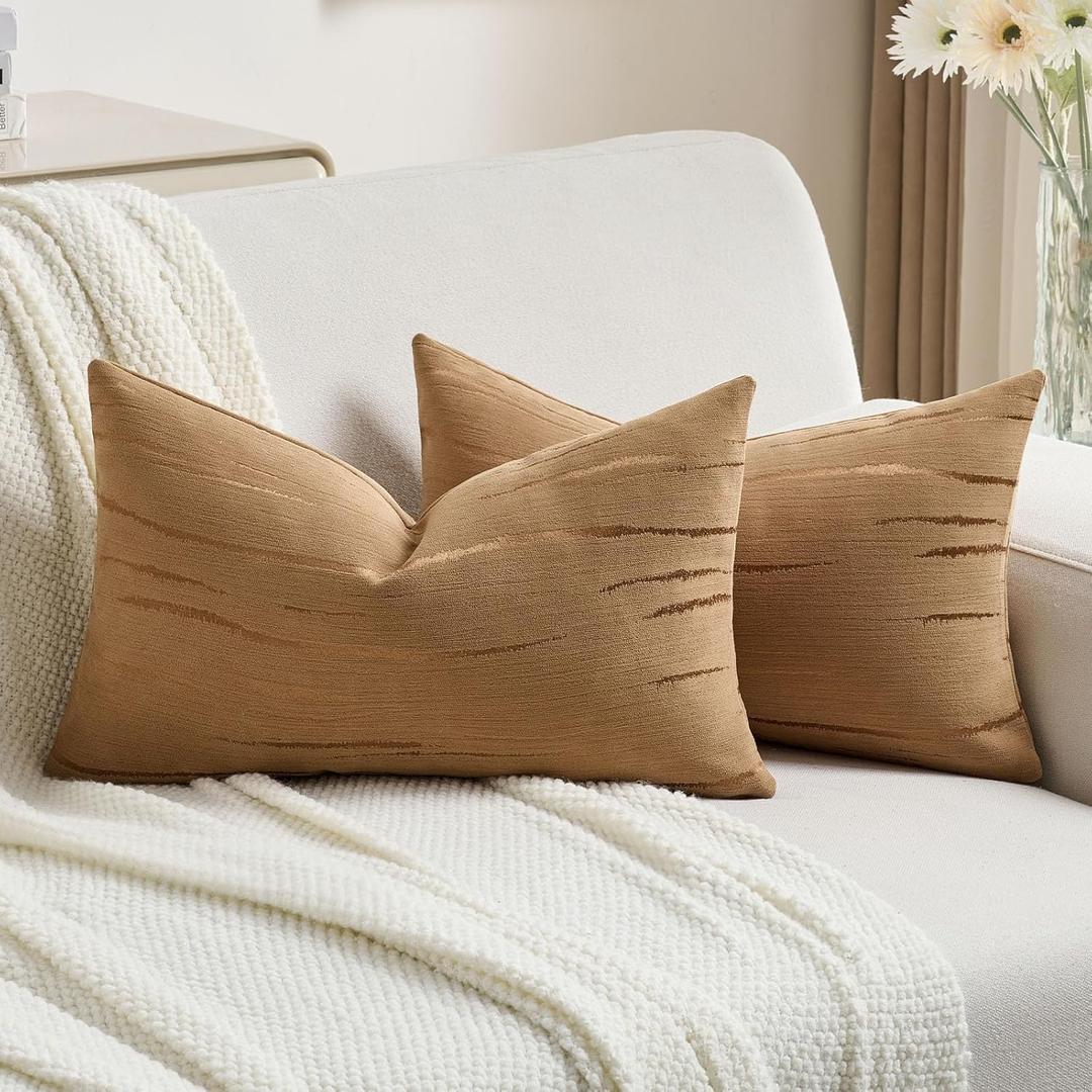 FUTEI Pack of 2 Chenille Decorative Throw Pillow Covers 12x20 Inch,Soft Embossed Striped Textured Lumbar Pillow Cases,Modern Home Decor for Couch Bed Living Room,Bronze