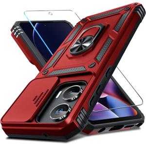 2 x Janmitta Compatible with Moto G Stylus 5G 2024 Case Built in Slide Camera Lens Cover+Screen Protector+Finger Ring Holder Kickstand,Heavy Duty Shockproof Full Body Protective Phone Cover,Red