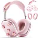 Sabary 5 Pcs Pink Sakura Silicone Case Cover Compatible with Airpods Max Headphones Cute Bow Clear Heart Compatible with Air Pod Max (USB-c)(2024/2020) Coquettish Ear Pad Protector for Women