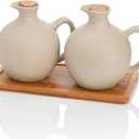 Elsjoy Set of 2 Ceramic Oil Vinegar Dispenser with Cork and Tray, 15 Oz Tabletop Oil Bottles Soy Sauce Jar, Decorative Olive Oil Stoneware Holder Vinegar Container for Kitchen