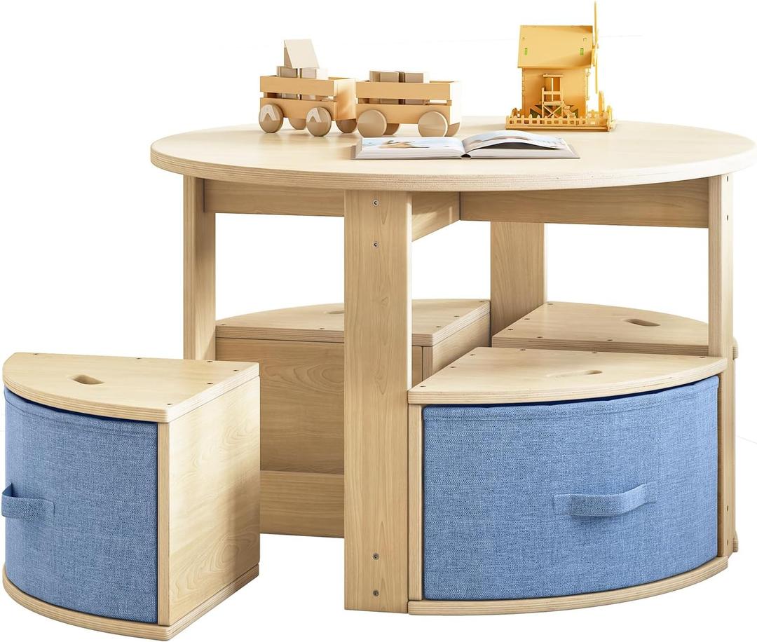 EXPERLAM Toddler Table and Chair Set, Round Kids Table and Chairs with Nesting Design, Wooden Activity Table & 4 Storage Drawers Chairs for Daycare Nursery Playroom, Large