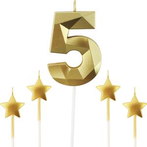 Golden Number 5 & 2.76 inch 3D Diamond Shaped Birthday Candles for Parties & Cake Decorations