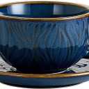 Vintage Design 12 oz Ceramic Latte Art Cappuccino Barista Cup with Saucer (Wave Blue)