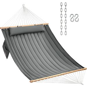 Double Quilted Fabric Hammock with Hardwood Spreader Bars and Pillow 450 LBS Capacity 2 Person Large Hammock for Outdoor Patio Backyard Poolside - Dark Grey