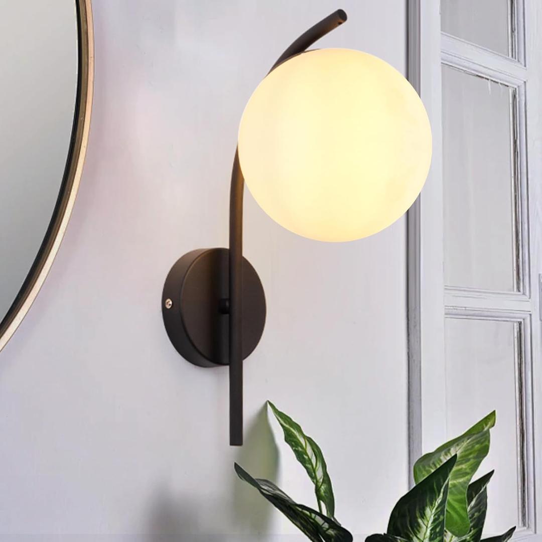 Wall Sconces Plug in, Hanging Wall Lamp with Plug in Cord, Metal Wall Lamp White Glass Globe Indoor Wall Decor Light for Bedroom, Farmhouse, Hallway, Living Room, Kitchen, Black (1PC)