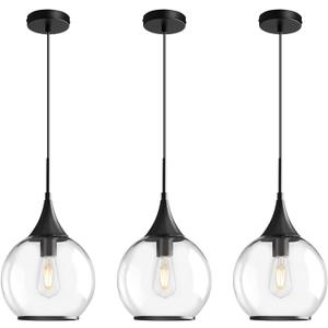 Pendant Lights Kitchen Island: 3 Pack Black Light Fixture Modern with Clear Glass - 10 Inch Mid Century Globe Kitchen Lighting Fixtures Ceiling for Hallway Bar