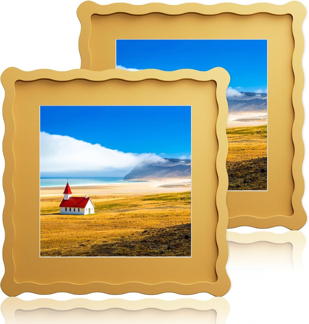 10x10 Wavy Picture Frame With Mat For 8x8, Wavy Edge Wooden Picture Frame with Real Glass - Wall Mount and Tabletop Display, Yellow, 2 Pack