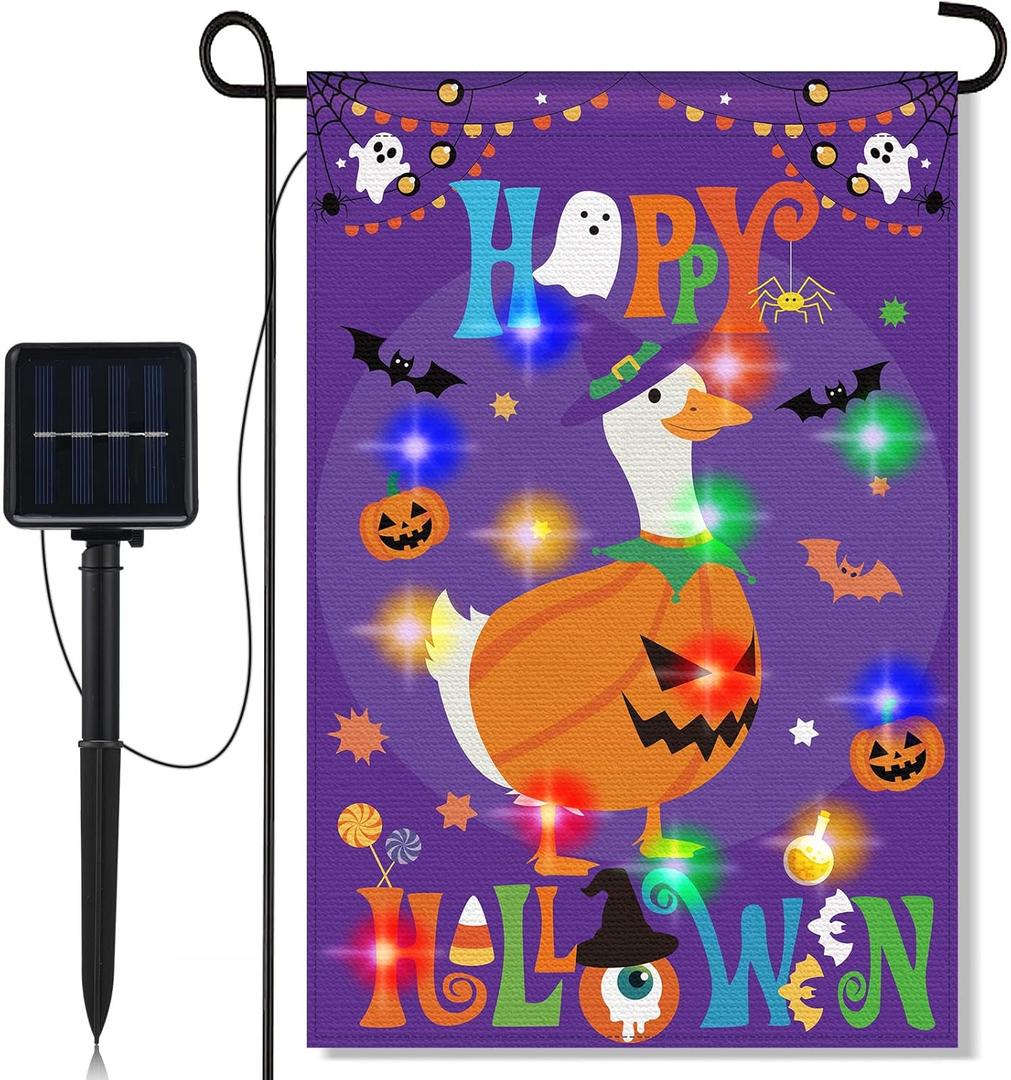 Breling Light up Halloween Garden Flag Double Sided Porch Goose Flag Solar Light LED Happy Halloween Goose Flags Seasonal Funny Yard Decorations for House Porch Patio Lawn Outside Decor, 12 x 18 Inch