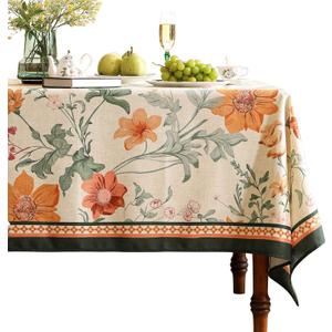 French Small Tablecloth for Rectangle Table, Linen Orange Floral Wrinkle Resistant Tablecloths, Decorative Table Cover for Kitchen, Dining, Tea Party,Thanksgiving,Christmas,55"*71"-Milch