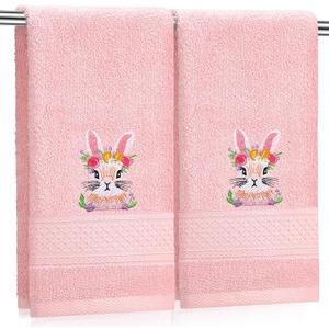 Tudomro 2 Pcs Easter Bunny Hand Towels Brown Bathroom Decor 14x29 Inch Embroidered 100% Cotton Soft Absorbent Farmhouse Spring Bunny Decorative Hand Towels for Bathroom Kitchen