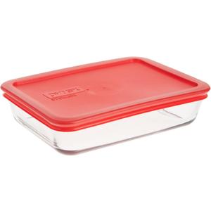 Pyrex 3-Cup Single Rectangular Glass Food Storage Container with Lid, Non-Toxic, BPA-Free Lid, Tempered Non-Pourous Glass, Microwave, Dishwasher, Freezer and Oven Safe, Red