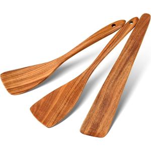 3Pcs Wood Spatulas for Cooking, Natural Teak Wooden Utensil Set - Flat Spatula Turner, Wood Spatula for Right Hand, Wooden Scraper Flipper, Non Toxic Heat Resistant kitchen essentials for Home