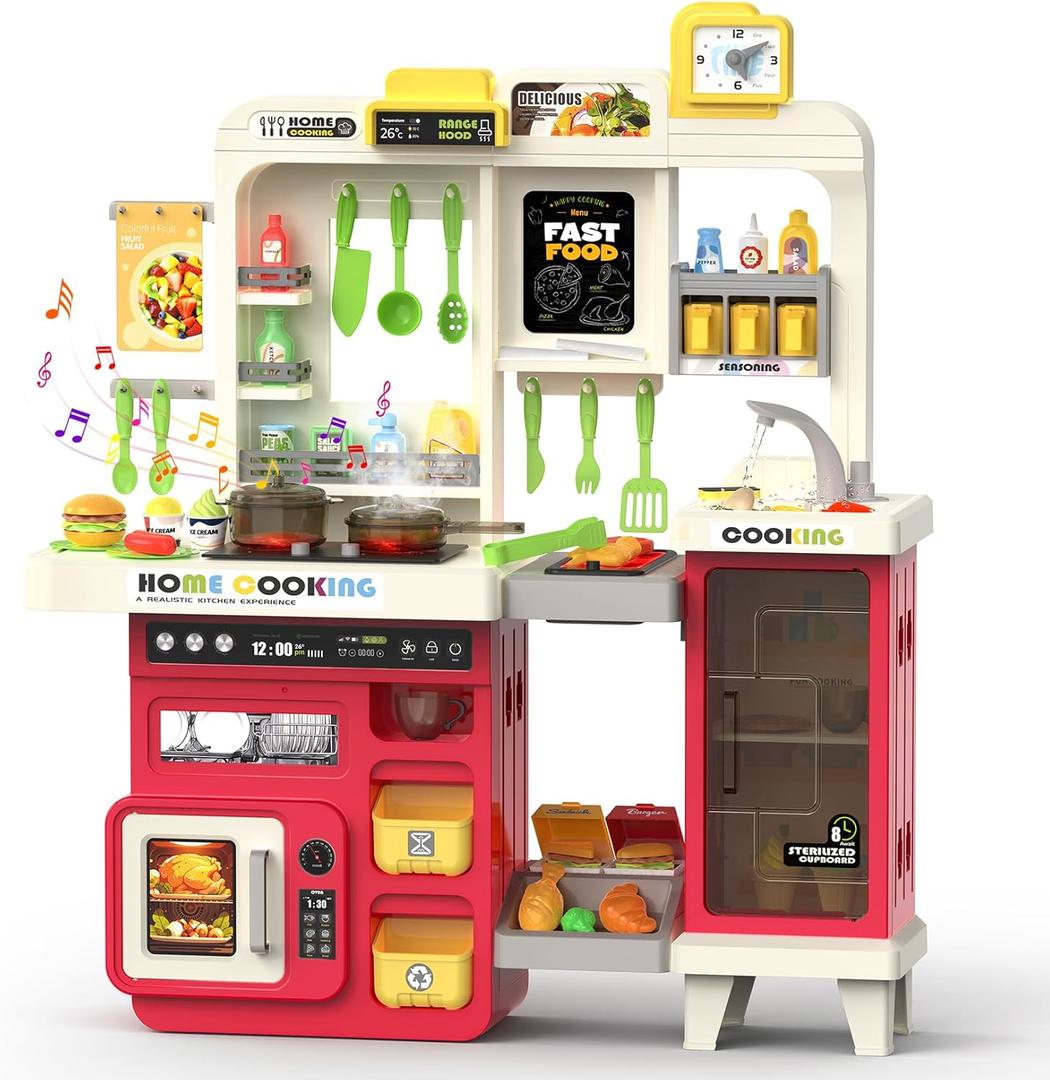 Kids Kitchen Playset with Lights, Sounds & Steam, Large Toddler Kitchen Playset with Sink, Grill, Play Food Sets for Kids Kitchen, Toy Kitchen Accessories, Pretend Play Kitchen Set with Storage Bag (Red)