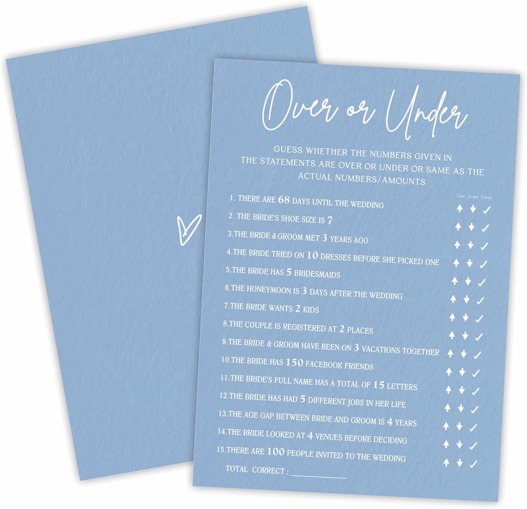 Bridal Shower Game Cards - Guess Over Or Under Game - 30 Pcs Blue Theme Wedding Party Games Game Cards, Engagement Party Game, Modern Bridal Shower Party Favor & Decorations - B07