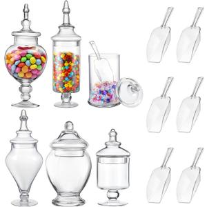 Mimorou 6 Sets Glass Apothecary Jars with Lids and Scoops 3 Styles Clear Candy Jars for Candy Buffets Candy Display Containers Bath Salt Container Cookie Crafts Bathroom Kitchen Storage (Simple), 4 x 9 inches, 5 x 10 inches, 5 x 15 inches