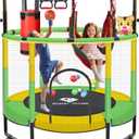 55" Indoor & Outdoor Trampoline for Kids with Enclosure, Toddler Trampoline with Adjustable Gymnastics Bar & Toys, No-Gap Safety Design