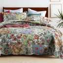 100% Cotton Patchwork Quilt Queen Size, Vintage Style Bed Cover, Sage Green Bedspread with Floral Pattern, Ultra-Soft Breathable Lightweight Spring Summer Coverlet Set
