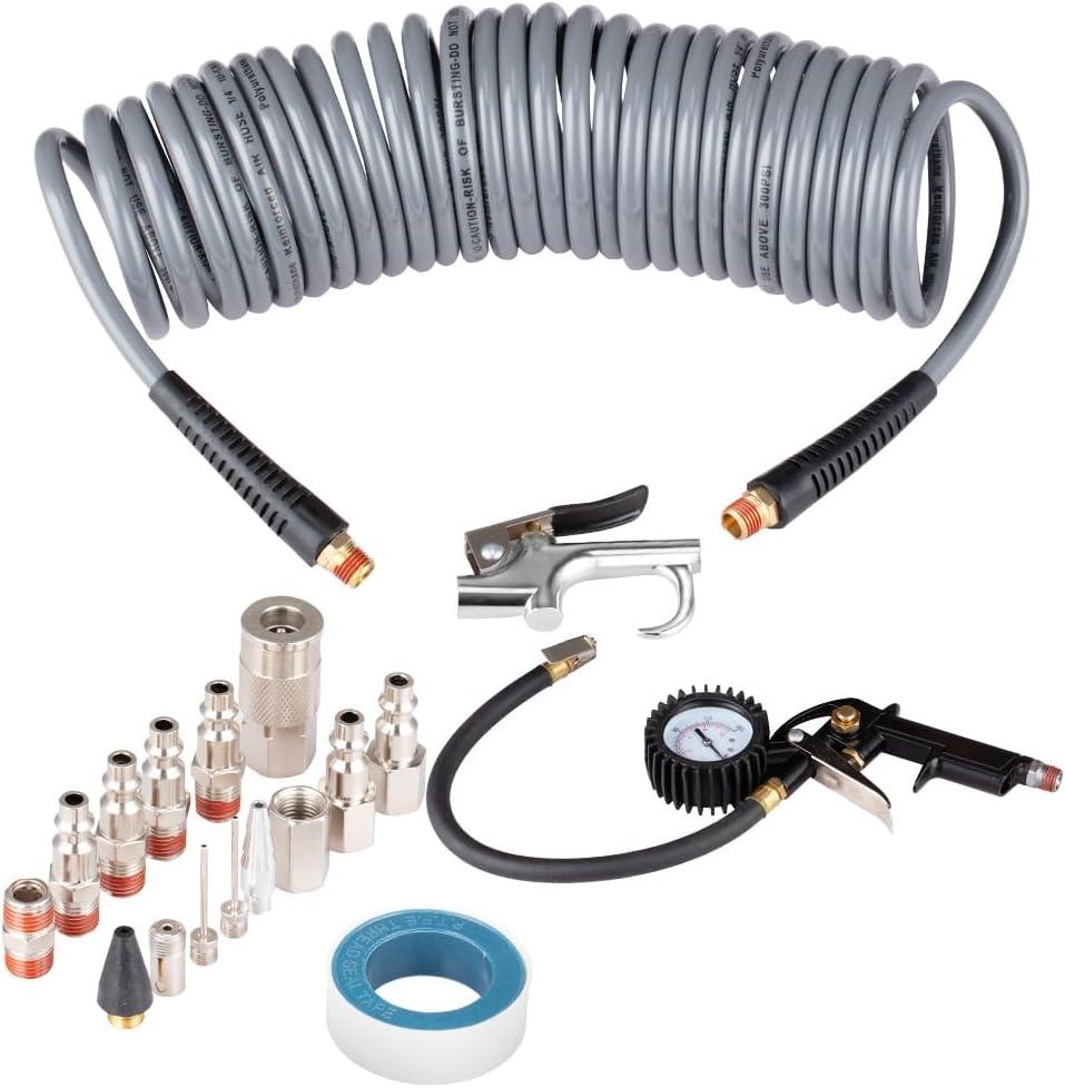 RayMagic 18 Pieces Air Compressor Accessories kit, 1/4 inch x 25 ft Recoil Poly Air Compressor Hose Kit, 1/4" NPT Quick Connect Air Fittings, 150 PSI Tire Inflator Gauge, Heavy Duty Blow Gun, Gray