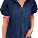 Tankaneo Womens Puff Sleeve Tops Blouse Color Block Half Zip V Neck Pullover Trendy Summer Casual Loose Fit Shirts Medium