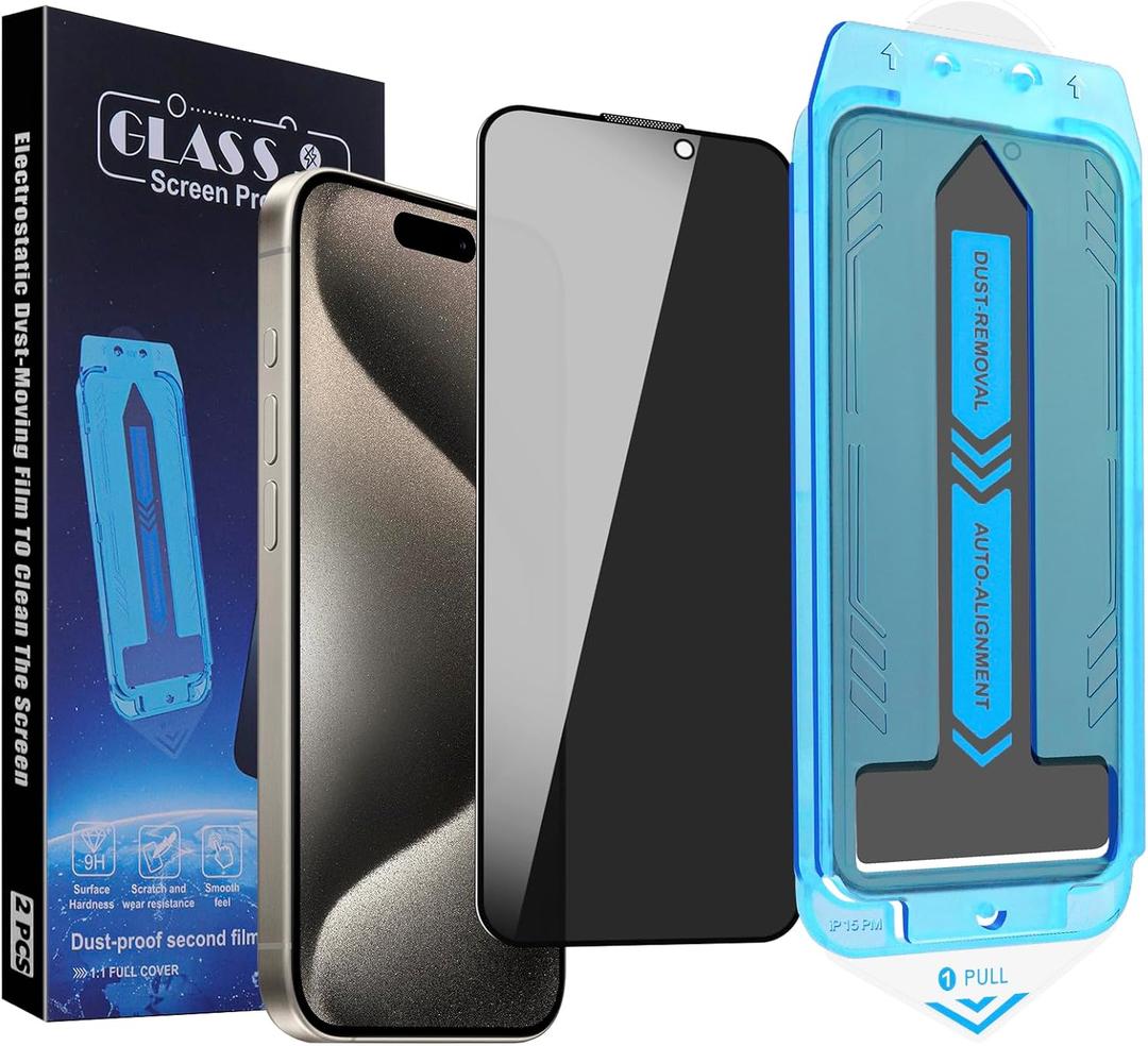 2-Pack Privacy Screen Protector for iPhone 15 Pro Max 6.7-inch, 9H Tempered Glass, Full Coverage, Anti-Fingerprint, Auto Dust-Elimination, No Bubble, Easy Installation