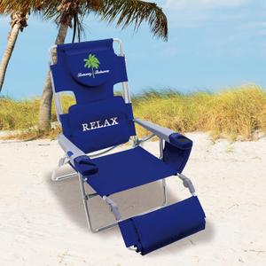 Tommy Bahama 4-Position Face-Opening Read Through Lounger with Ottoman, Portable Folding Beach Chair, Navy, 35" D X 30.5" W X 41" H
