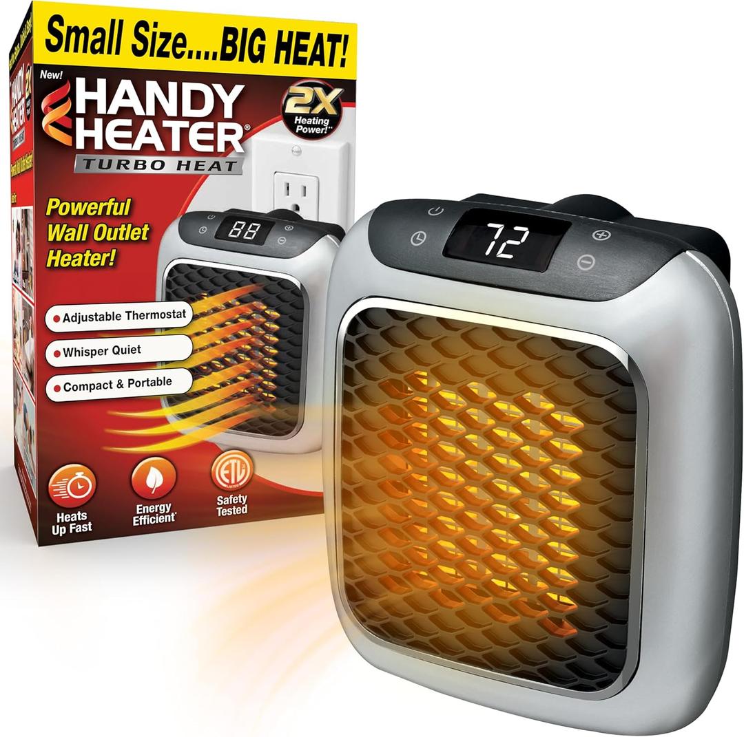 Ontel Handy Heater Turbo Wall Outlet Plug In Heater – Portable Indoor Ceramic Space Heater w/Adjustable Thermostat, 12Hour Timer, Auto Shut Off, Quiet – Plug In Wall for Office, Bedroom, Camping