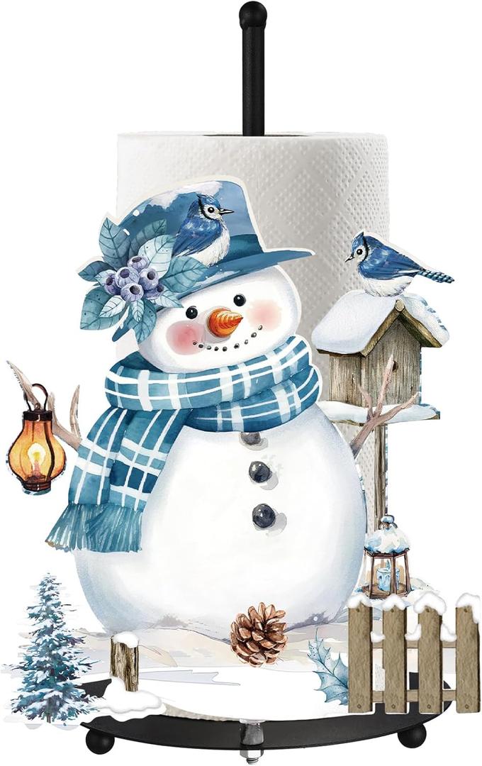 MorningRo Winter Paper Towel Holder Snowman Countertop Kitchen Decor and Accessories Winter Paper Towel Rack Black Metal Farmhouse Large Tissue Stand Gift for Home Bathroom 3D Hand Painting Pattern