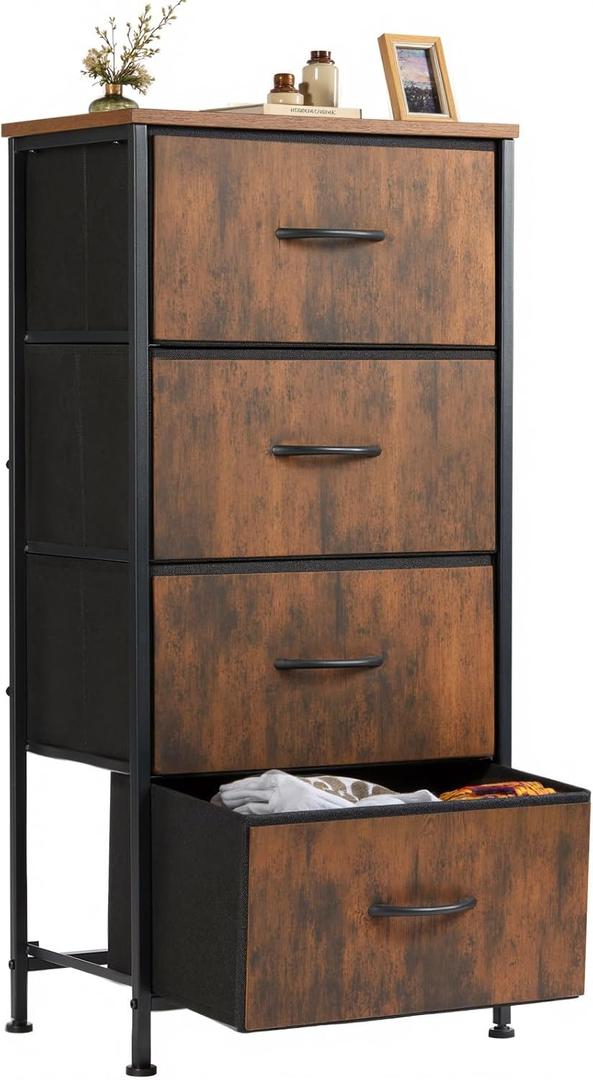 Sweetcrispy 4 Drawer Dresser, Fabric Storage Tower Organizer with Sturdy Steel Frame and Wood Top, Easy Pull Handles, for Bedroom, Closet, Entryway, Hallway, Brown, 17.7"D x 11.8"W x 37"H