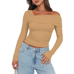 Women's One Off Shoulder Long Sleeve Top Casual Going Out Y2K Tops Slim Fit T-Shirts Ruched Crop Top Small Women's One Off Shoulder Long Sleeve Top Casual Going Out Y2K Tops Slim Fit T-Shirts Ruched Crop Top Small