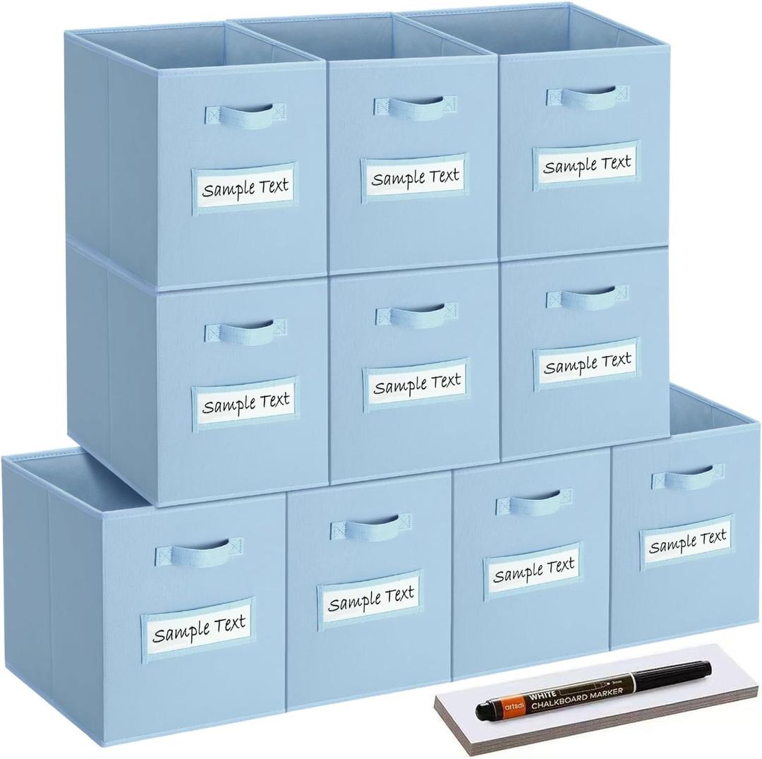 13x13x13 storage cube bins (Set of 10) Fabric storage cubes with 10 Labels Window Cards & a Pen, storage cubes 13x13, Collapsible 13 inch cube storage bins, Cubby Organizer Boxes, Pastel Blue