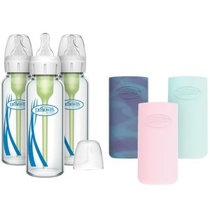 Dr. Brown's AntiColic Options+ Narrow Glass Baby Bottles 8 oz/250 mL, with Level 1 Slow Flow Nipple, 3 Pack 0m+ with Pink 100% Silicone Sleeves, BPAFree