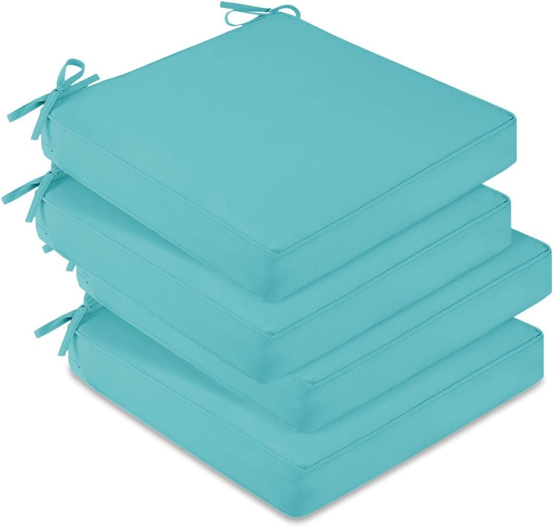 downluxe Waterproof Outdoor Chair Cushions Set of 4, 19" x 19" x 3" Patio Chair Cushion with Non-Slip Ties & Handle, Square Outdoor Cushion for Patio Furniture with Removable Cover, Teal