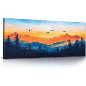 Canvas Wall Art Landscape Blue Foggy Forest Mountain Sunrise Mountains Birds Sunset Modern Canvas Paintings Wall Painting Room Decor Wall Decor for Bedroom Bathroom Kitchen Ready to Hang 20x40inch (Multi1)