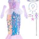 Little Girls Mermaid Princess Costume Sequins Party Dress for Toddler Kids Baby Halloween Dress Up with Accessories (5-6 Years, Purple)