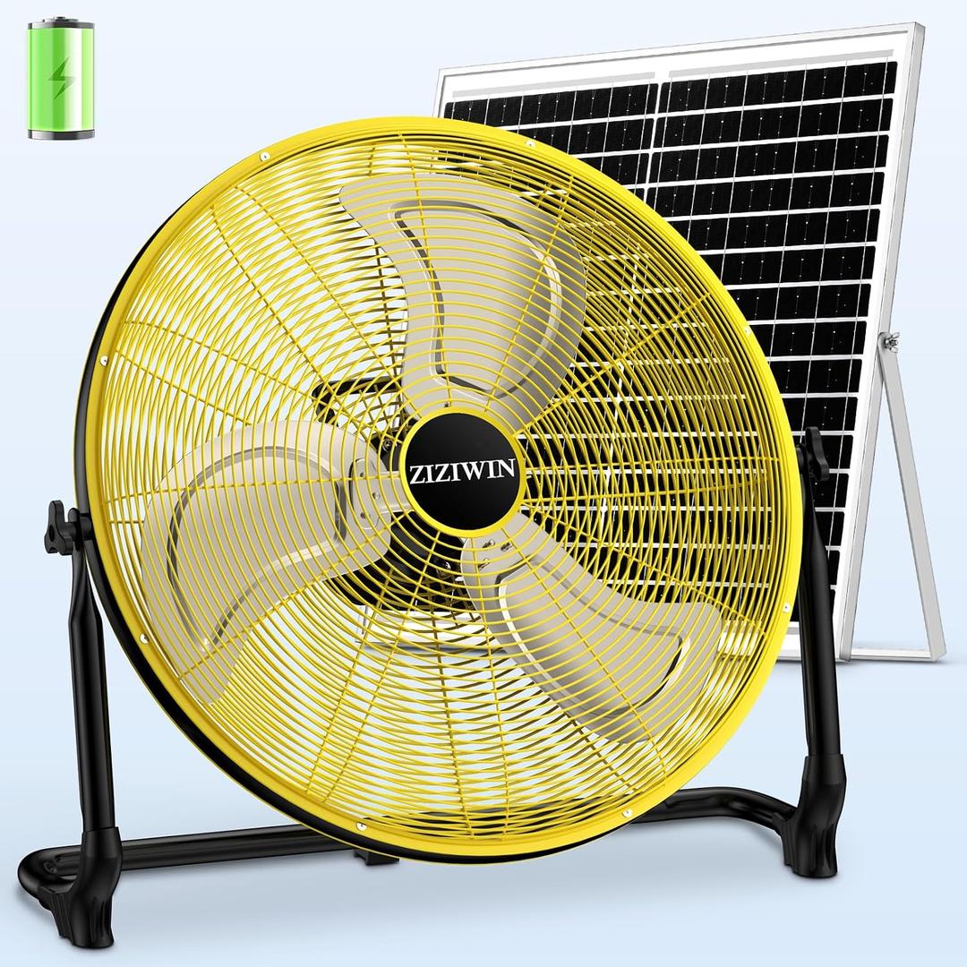 20'' Large Solar Fan, Battery Operated Camping Fan for Outside, Portable Rechargeable Cordless Floor Fan, 360° Tilt, USB Output, Wireless, for Home Garage Outdoor Patio Gazebo Greenhouse RV
