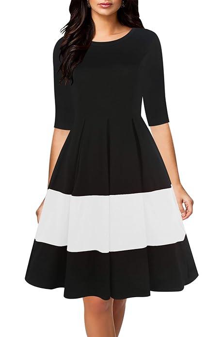 oxiuly Women's Vintage Half Sleeve O-Neck Contrast Casual Pockets Party Swing Dress OX253