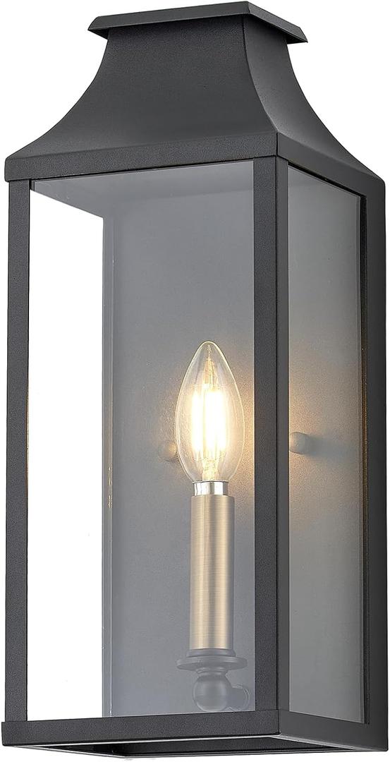 14" Small Classic Outdoor Wall Lantern Light for House Exterior,Handcrafted Satin Black Metal Cage Mounted Pocket Wall Sconce W/Clear Tempered Glass,Waterproof for Porch, Patio, Garage&Front Door E12