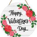 Valentines Door Decor Happy Valentines Day Sign Red Pink Rose Wall Decor Wooden Wreaths for Front Door Hanger Hanging Sign for Porch Wall Indoor Home Decor