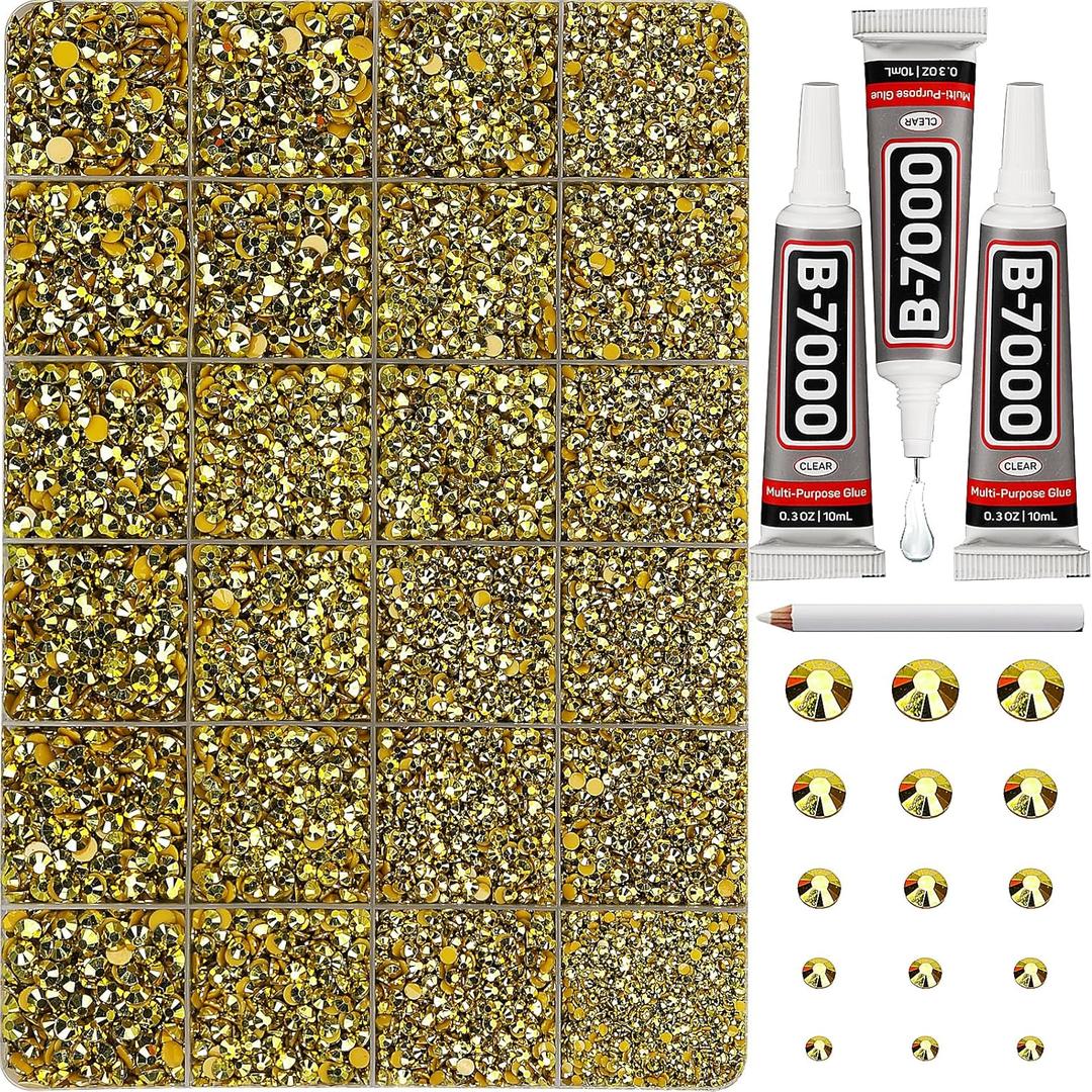 31000Pcs Metallic Gold Rhinestones for Bedazzling, Bedazzler Kit with Flatback Rhinestones for Clothes Crafting Crafts Nails, 2,3,4,5,6mm Flat Back Resin Crystal Bedazzling Kit with B 7000 Glue Clear