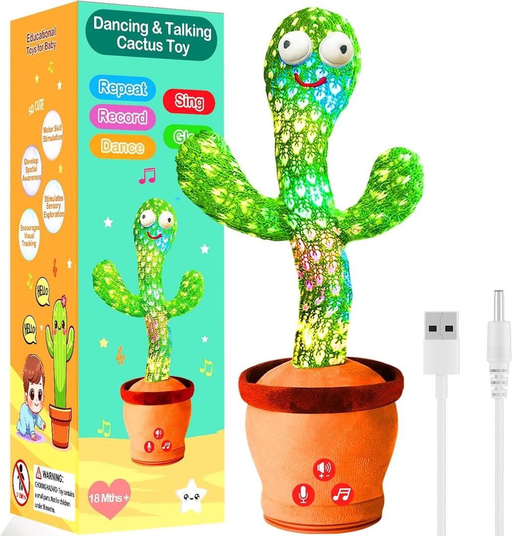 Rechargeable Dancing Talking Cactus Toy Mimics Back, Singing Mimicking Cactus Baby Toy That Talks Back, Educational Baby Toys 18 months+ w/ 51 English Songs, Valentines Day Gifts for Kids, Toddlers (Green)