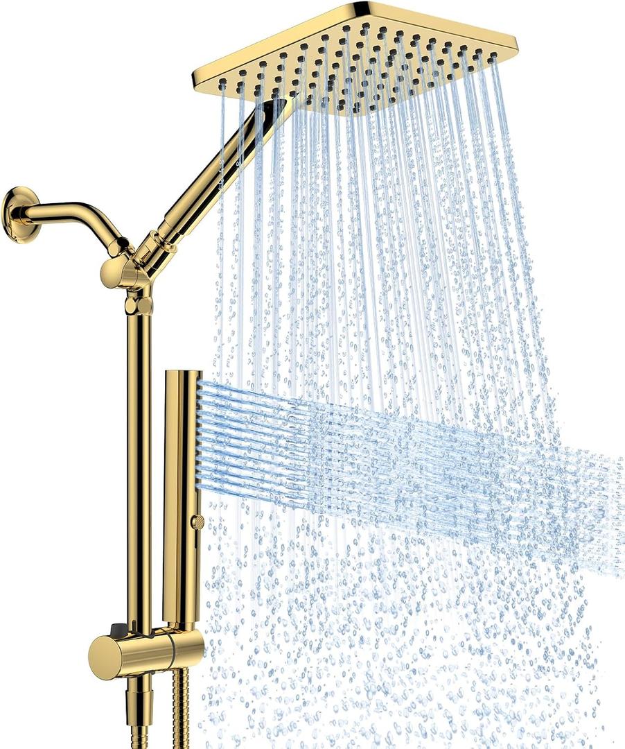 Shower Heads with Handheld Spray Combo Gold, 10 Inch High Pressure Rain/Rainfall Shower Head, Height Adjustable Dual 2 in 1 Shower Head System with Stainless Steel Hose