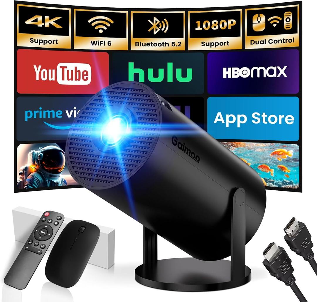 Mini Projector with WiFi and Bluetooth Built-in Apps Smart Projector Support 4K 1080P FHD 180 Adjustable Auto Keystone Compatibile with HDMI/TV Stick/Memory Stick/Laptop, Black