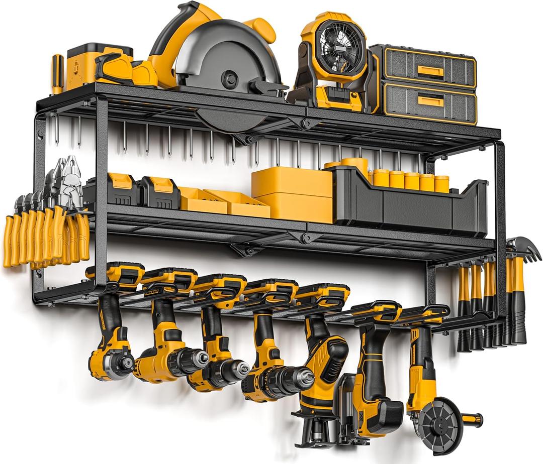 Power Tool Organizer for Tool Storage, Drill Holder Wall Mount with Charging Station, Tool Holder and Storage Rack for Garage Organization, Heavy Duty Metal Tool Shelf with Battery Holder (3 shelves 7 slots)