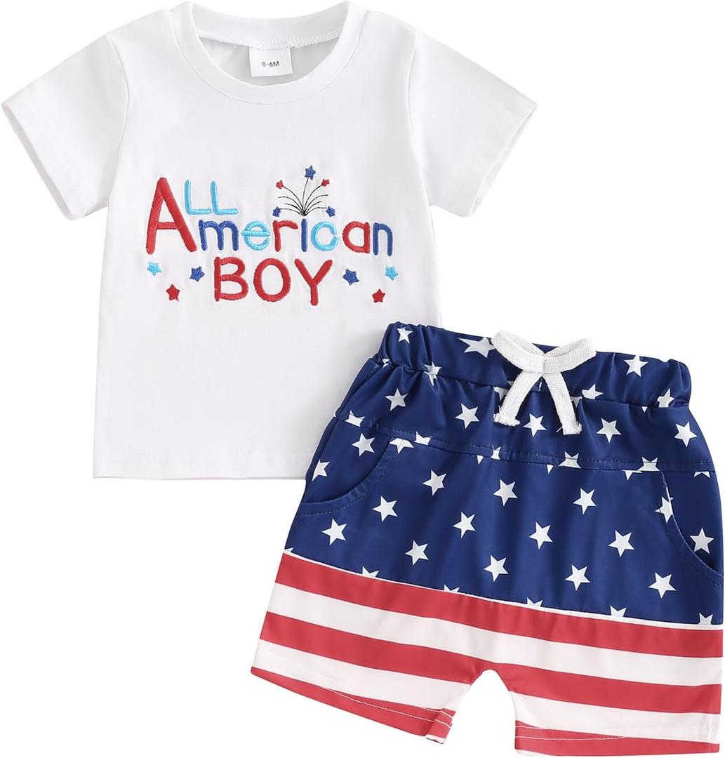 4th of July Baby Boy Outfit Letter Flag Embroidery T-Shirt Top and Shorts Set 2 Piece July Fourth Clothes Set (White) 0-6M